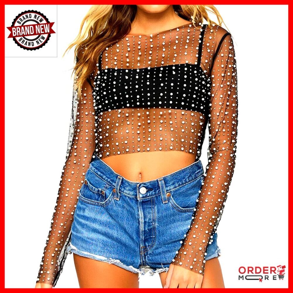 Pearl Rhinestone Sheer Mesh Crop Top Long Sleeve Slim Fit Blouse